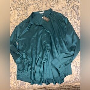 Classic Teal Satin Button-Down Shirt - Long Sleeve